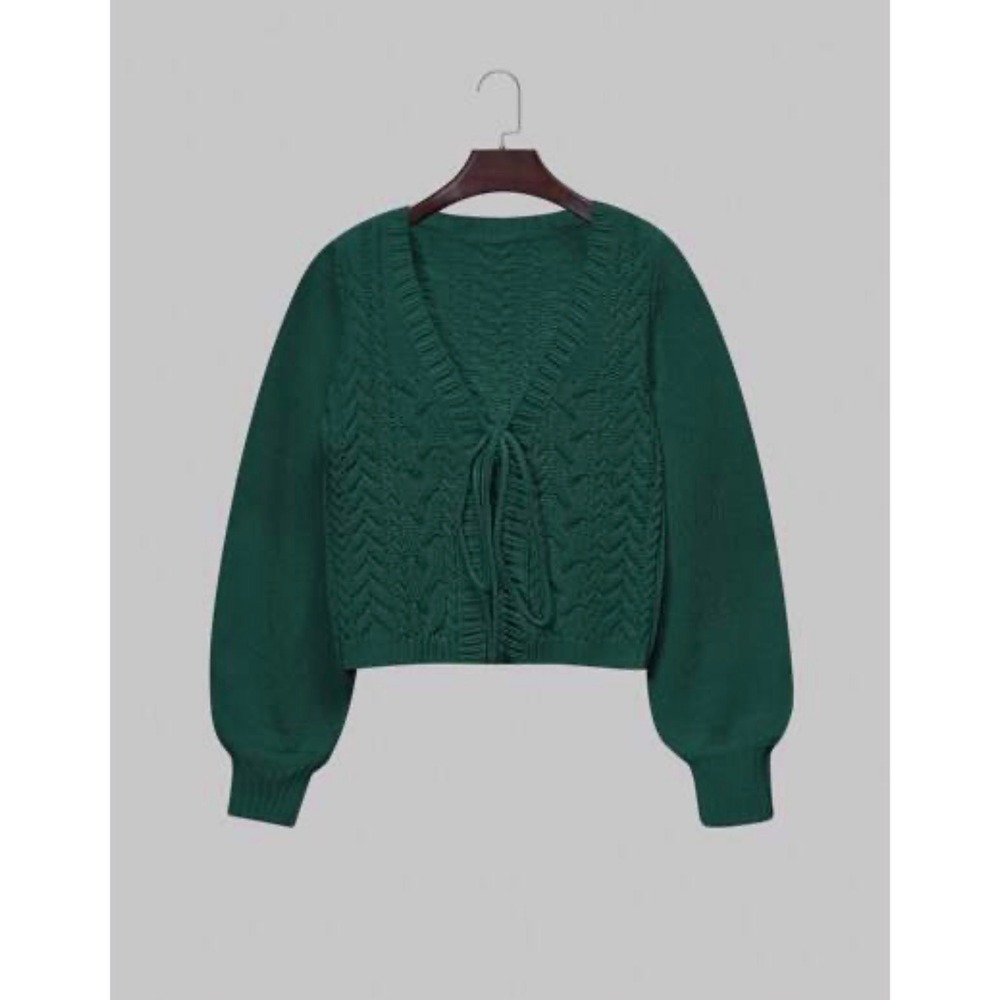 SOLY HUX Women M Green Cable Knit Cropped Tie Front Cardigan Balloon Sleeve
